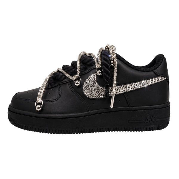 NIKE AIR FORCE 1 LOW 07 BLACK CSILLÁM CRYSTAL DOUBLE ROPE LACES