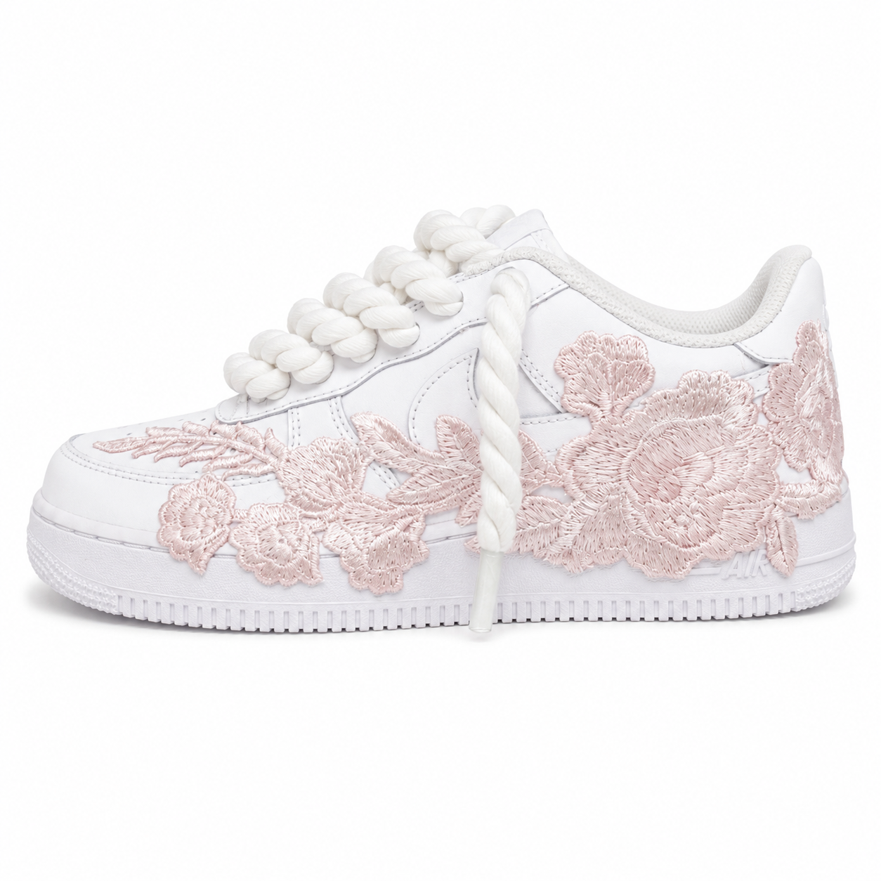 NIKE AIR FORCE 1 LOW 07 WHITE BABY PINK ROSE ROPE LACES