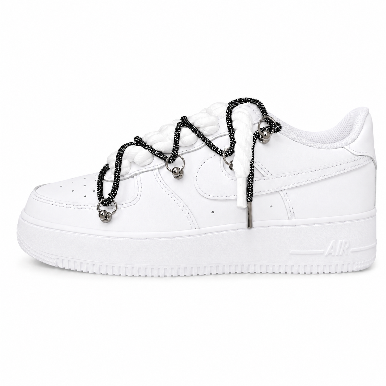 NIKE AIR FORCE 1 LOW 07 WHITE BLACK CRYSTAL DOUBLE ROPE LACES