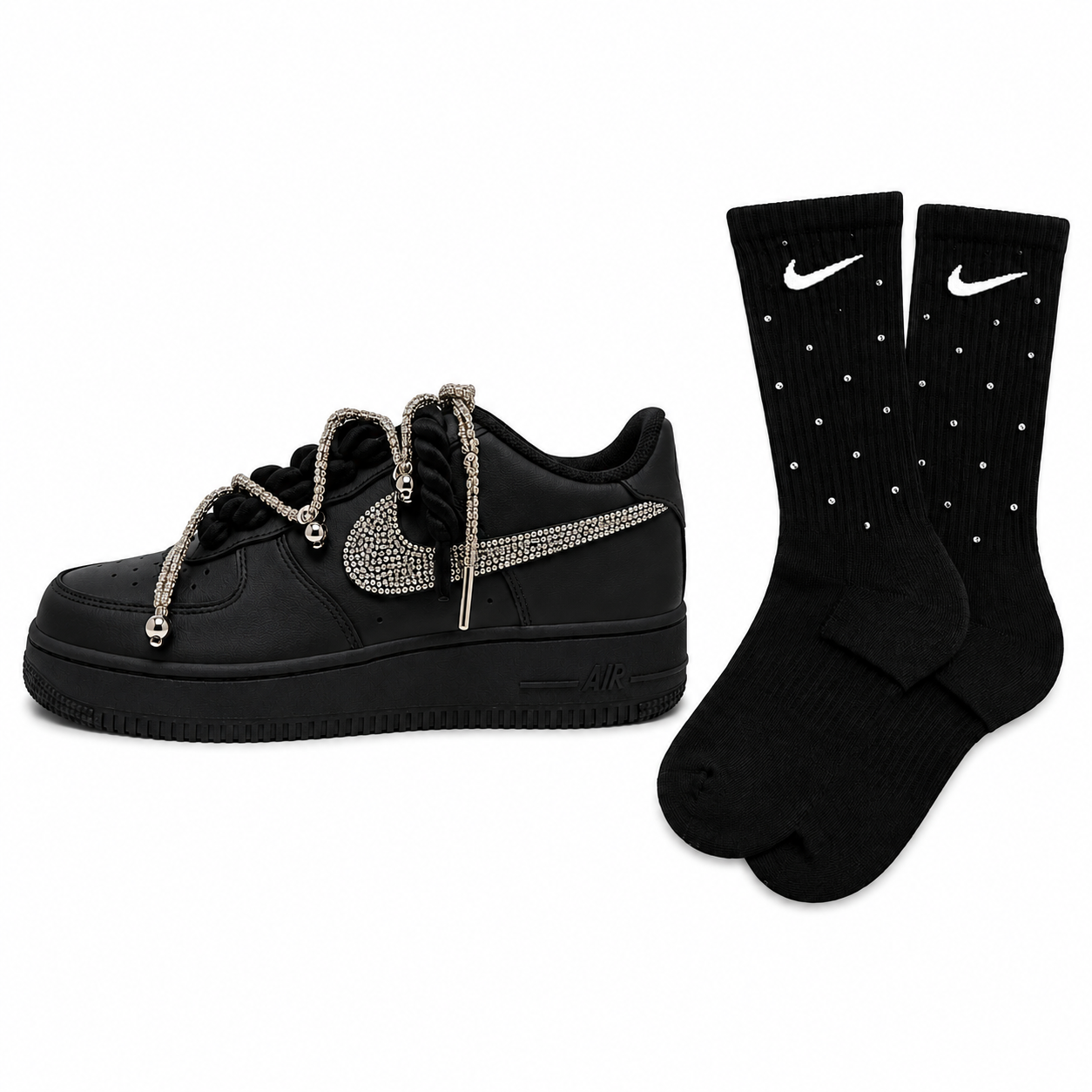 NIKE AIR FORCE 1 BLACK CUSTOM CSILLÁM CRYSTAL DOUBLE ROPE LACES + CRYSTAL ZOKNI