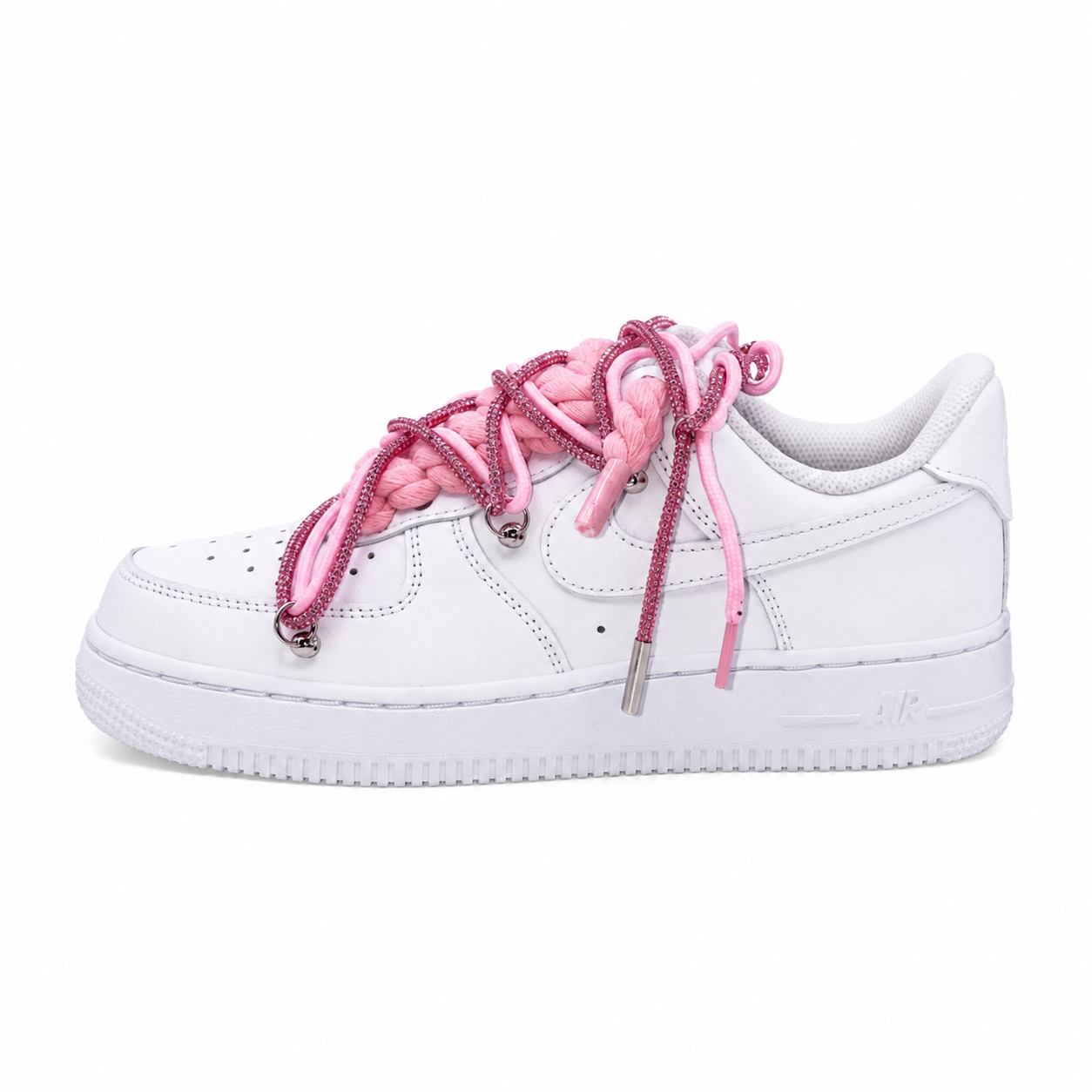 NIKE AIR FORCE 1 LOW 07 WHITE PINK CRYSTAL TRIPLE ROPE LACES