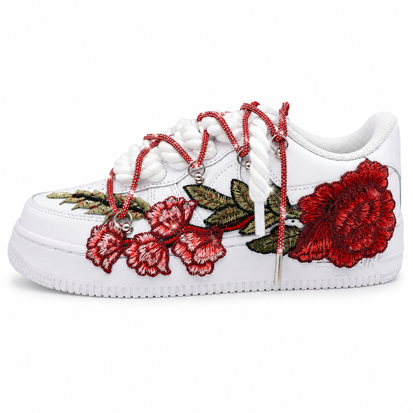 NIKE AIR FORCE 1 LOW 07 WHITE RED CRYSTAL ROSE DOUBLE ROPE LACES