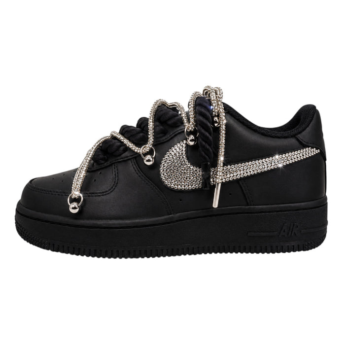 NIKE AIR FORCE 1 LOW 07 BLACK CSILLÁM CRYSTAL DOUBLE ROPE LACES