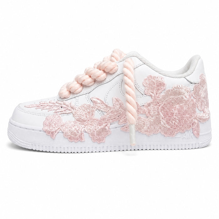 NIKE AIR FORCE 1 LOW 07 WHITE BABY PINK ROSE ROPE LACES