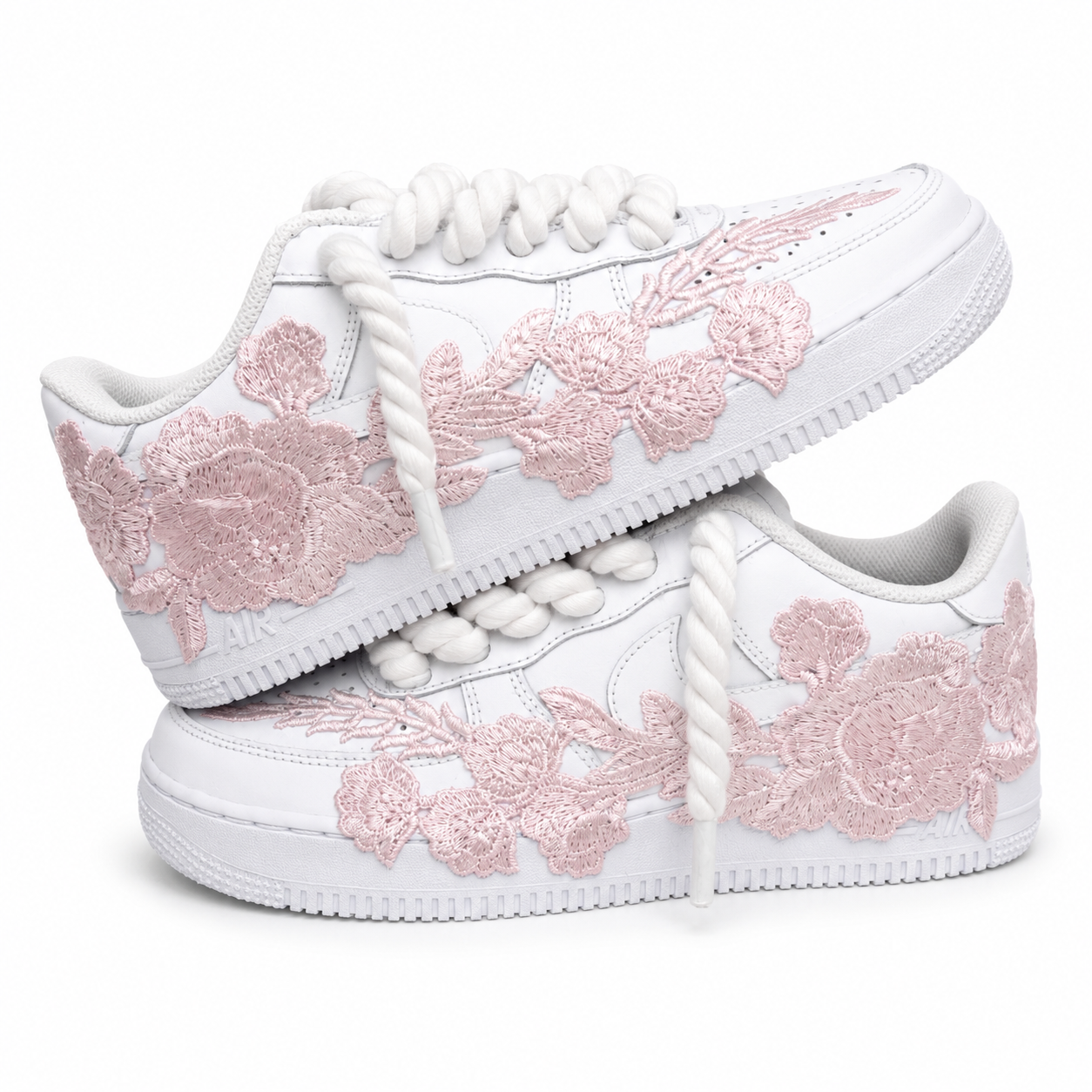 NIKE AIR FORCE 1 LOW 07 WHITE BABY PINK ROSE ROPE LACES