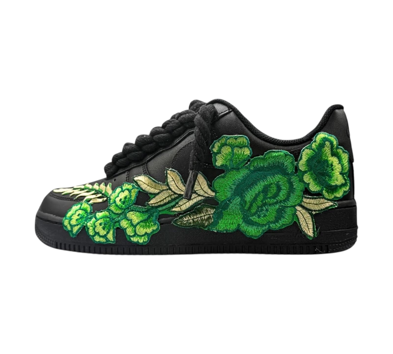 NIKE AIR FORCE 1 LOW 07 BLACK GREEN ROSE ROPE LACES