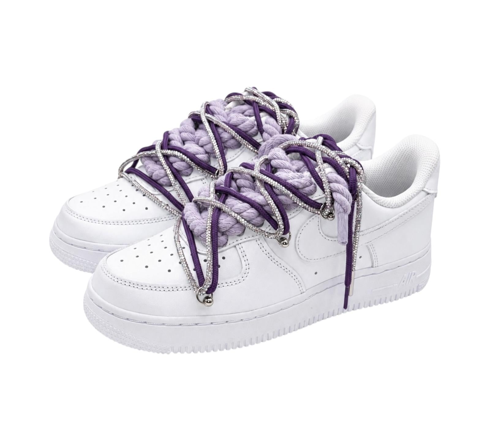 NIKE AIR FORCE 1 LOW 07 WHITE GRAPE CRYSTAL TRIPLE ROPE LACES