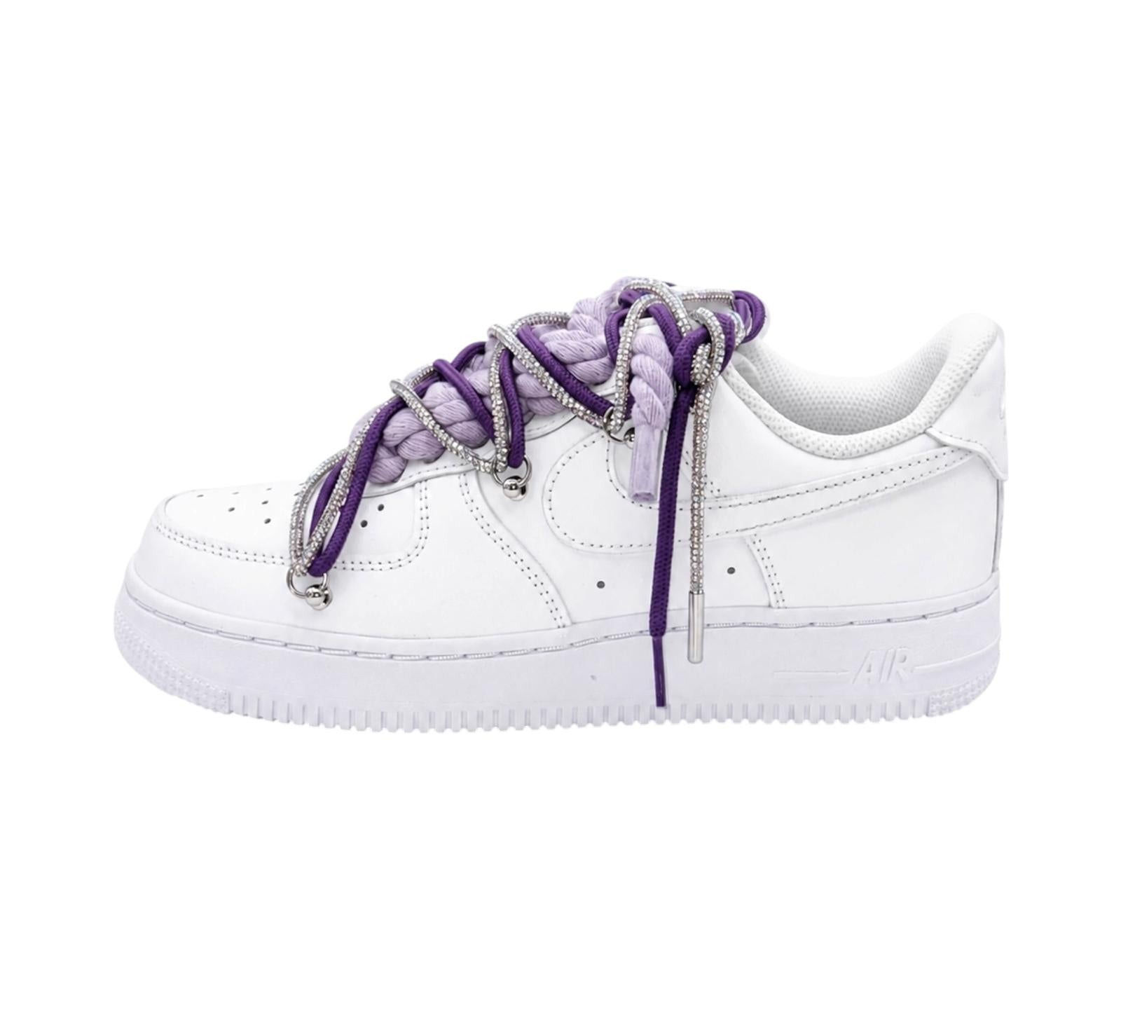 NIKE AIR FORCE 1 LOW 07 WHITE GRAPE CRYSTAL TRIPLE ROPE LACES