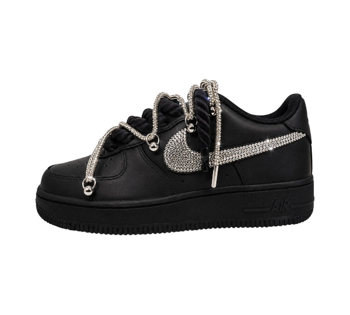 NIKE AIR FORCE 1 LOW 07 BLACK CSILLÁM CRYSTAL DOUBLE ROPE LACES